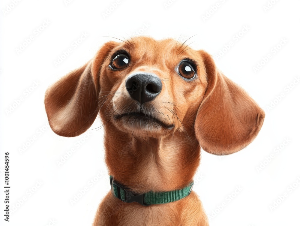 Adorable dachshund with a green collar looking up, isolated on a white background. Perfect for pet-related content and advertisements.