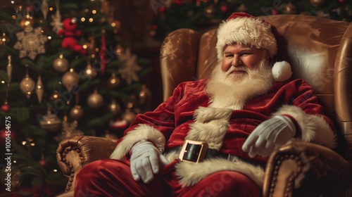 A man in a red Santa suit is sitting in a chair