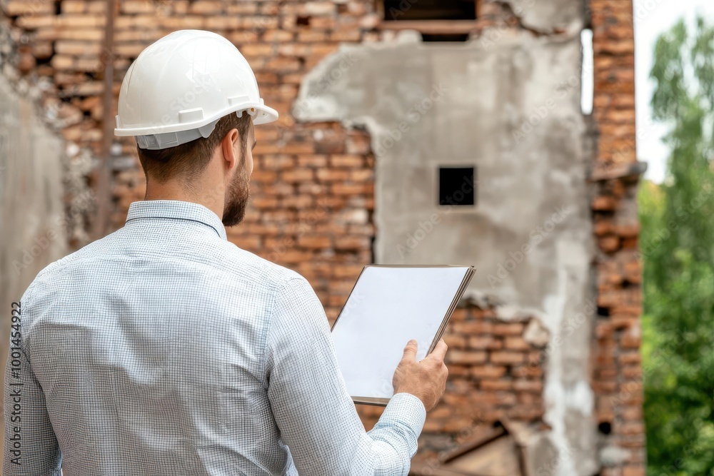 Project engineer overseeing the retrofitting of an old building with energy-efficient systems, project engineer, sustainable renovation Project engineer overseeing the retrofitting of an old building with energy-efficient systems, project engineer, sustainable renovation
