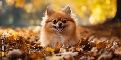 Fluffy Pomeranian Sitting in Pile of Autumn Leaves