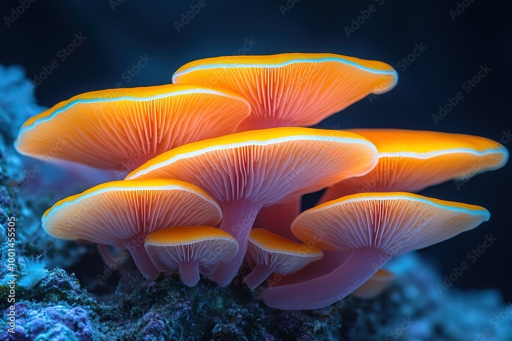 A cluster of orange mushrooms growing on a rock A cluster of orange mushrooms growing on a rock