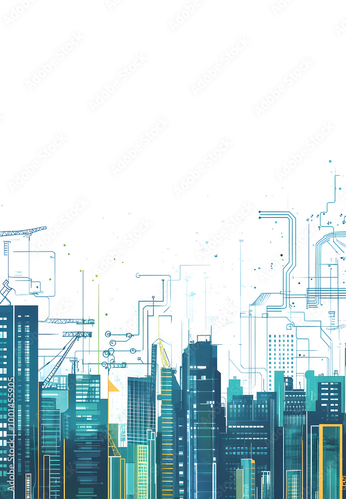 Futuristic Cityscape with Digital Circuit Elements and Skyscrapers Futuristic Cityscape with Digital Circuit Elements and Skyscrapers