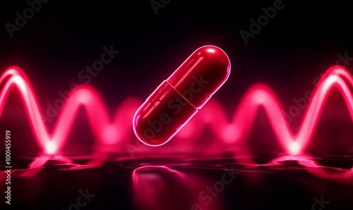 A glowing alien pill floats and bounces on a transparent surface, surrounded by vibrant neon light waves.