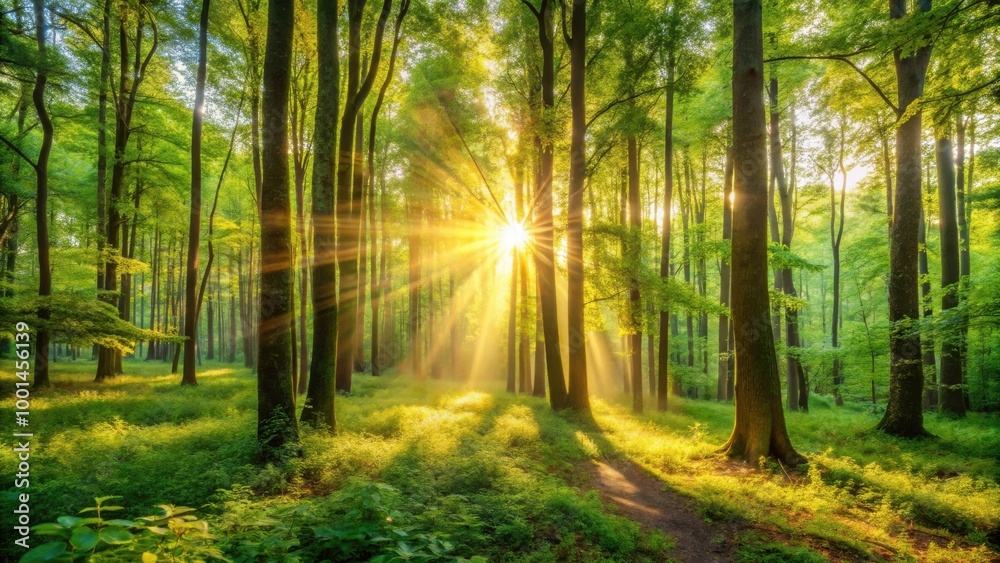 Sunlit Summer Forest Panorama With Bright Sun Among Green Trees Nature Beauty Wilderness Landscape Outdoor Environment Scene Sunlit Summer Forest Panorama With Bright Sun Among Green Trees Nature Beauty Wilderness Landscape Outdoor Environment Scene