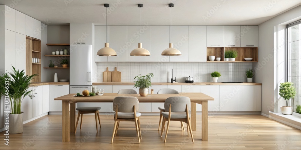 Minimalistic interior background with an empty kitchen table in a modern home setting Minimalistic interior background with an empty kitchen table in a modern home setting