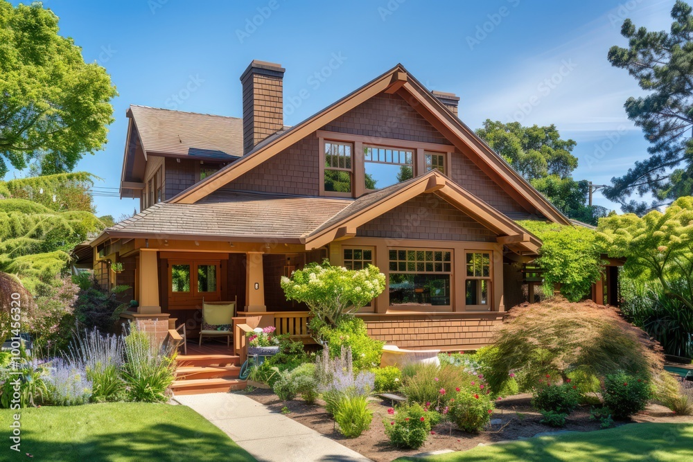 Charming brown craftsman home with a steep gabled roof, wooden accents, and a well-kept garden, bathed in warm sunlight.