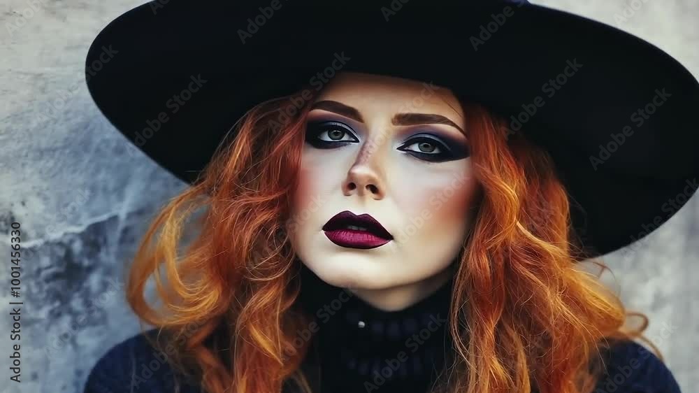 Elegant redhead woman in stylish black hat posing textured wall Elegant redhead woman in stylish black hat posing textured wall