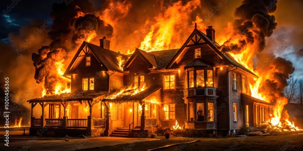 Dramatic and intense nighttime inferno engulfing a stunning house in flames Dramatic and intense nighttime inferno engulfing a stunning house in flames
