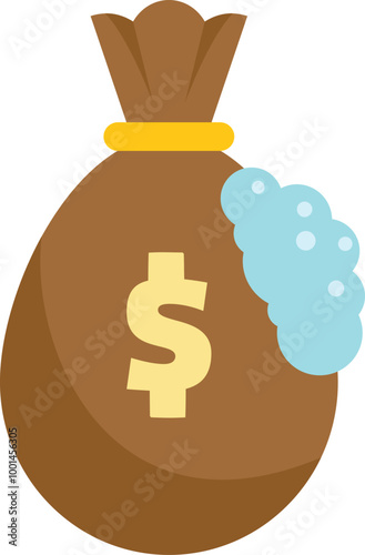 Money bag getting wet with water leaking and damaging the dollar sign, concept for money loss and financial crisis