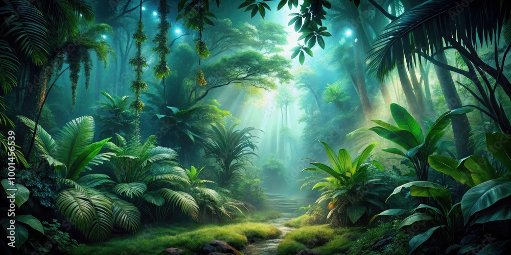 Enchanted and Mysterious Jungle with Dense Vegetation and Shadows at Night Enchanted and Mysterious Jungle with Dense Vegetation and Shadows at Night