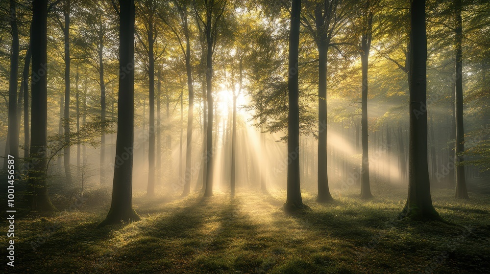 Fototapeta premium Misty Forest at Sunrise with Soft Light Filtering