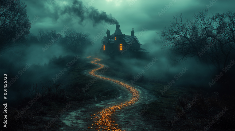 Fototapeta premium A Winding Path Leading to a Mysterious House in a Foggy Forest at Night