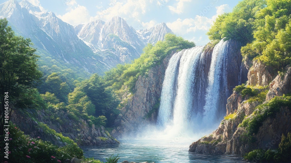Fototapeta premium Majestic landscape painting of a waterfall cascading down a rocky cliff, surrounded by lush greenery. Ideal for dramatic and refreshing wall decor.