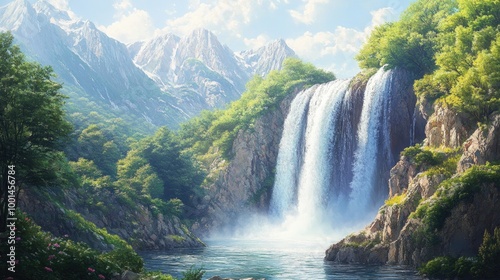 Majestic landscape painting of a waterfall cascading down a rocky cliff, surrounded by lush greenery. Ideal for dramatic and refreshing wall decor.