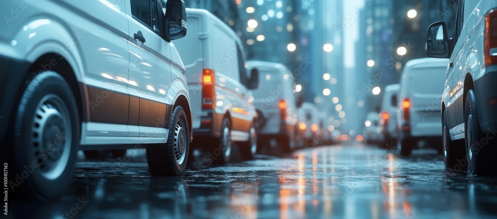 3D rendering of delivery trucks on city street with cinematic bokeh effect 3D rendering of delivery trucks on city street with cinematic bokeh effect