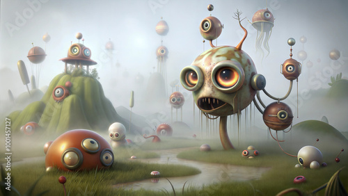 Surreal Dadaist landscape with floating eyeball creatures and bizarre shapes