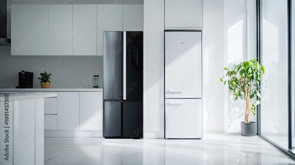 Minimalist kitchen with a sleek white refrigerator featuring a black frame against a white wall, creating a modern and clean aesthetic. Minimalist kitchen with a sleek white refrigerator featuring a black frame against a white wall, creating a modern and clean aesthetic.