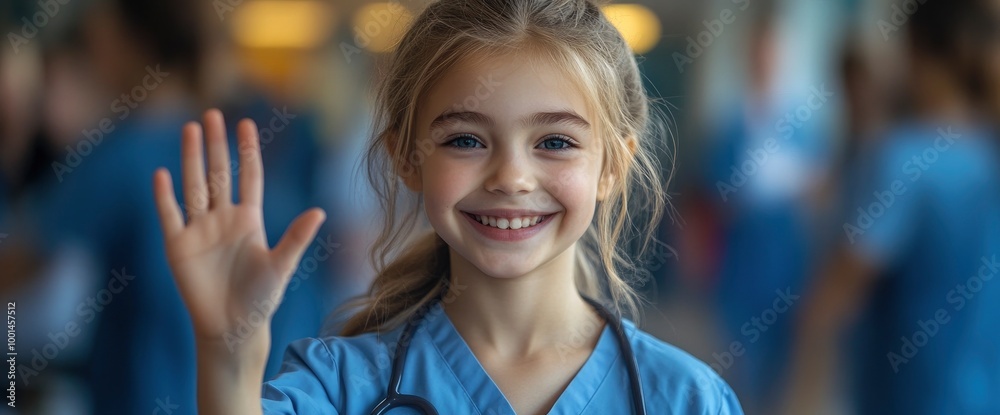 Fototapeta premium Young Girl Dressed as a Doctor with Stethoscope and Smiling at the Camera