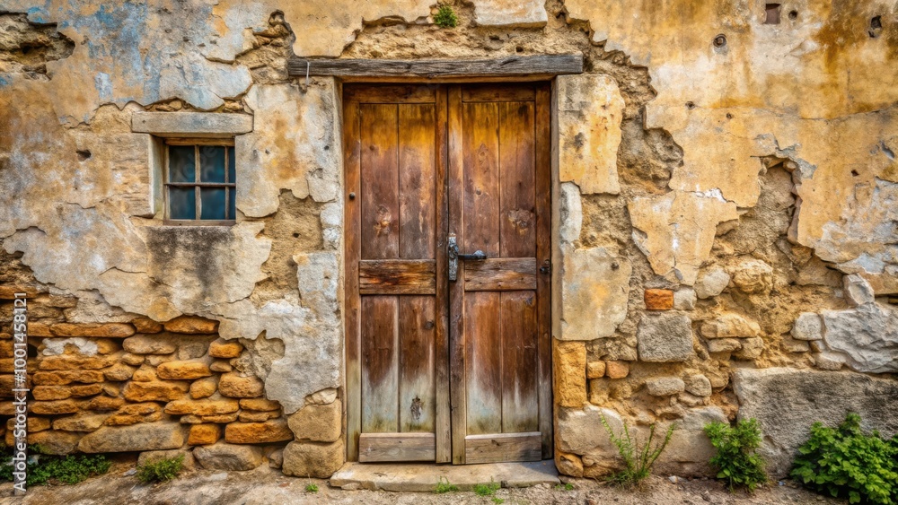 Weathered wooden door set in cracked stone wall with peeling paint texture background