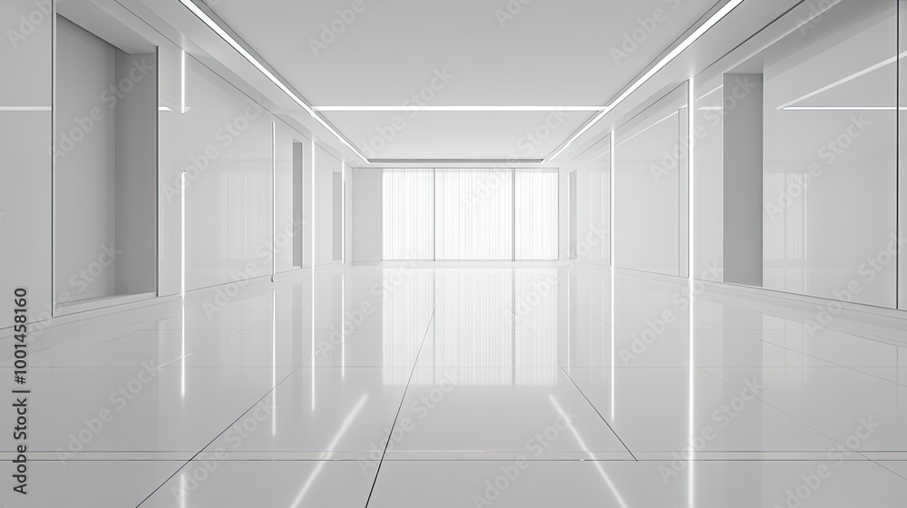 Monochromatic empty space featuring glossy ceramic tile floors, strip lights on the ceiling, and a large window, providing a bright, minimalist aesthetic. Monochromatic empty space featuring glossy ceramic tile floors, strip lights on the ceiling, and a large window, providing a bright, minimalist aesthetic.