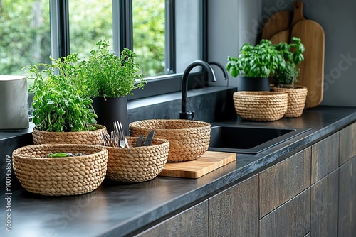 A kitchen counter with a variety of baskets and potted plants