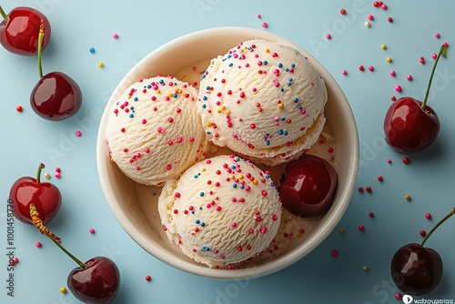 A bowl of ice cream with sprinkles and cherries on top photo