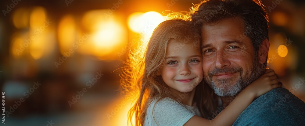 Happy Father and Daughter Hugging in Golden Light Happy Father and Daughter Hugging in Golden Light