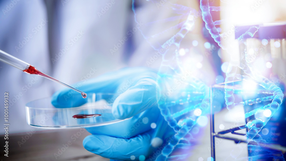 lab technician assistant analyzing a blood sample in test tube to research DNA at laboratory with microscope. Medical, pharmaceutical and scientific research and development concept.	