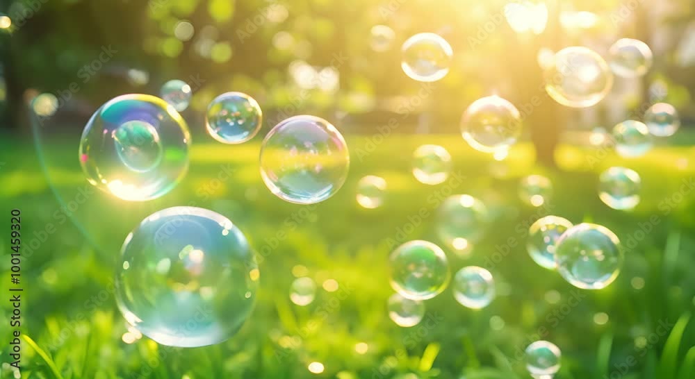 Rainbow Soap Bubbles Floating in a Sunlit Green Meadow Rainbow Soap Bubbles Floating in a Sunlit Green Meadow