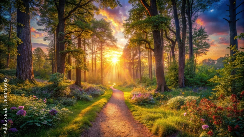 Enchanting Fairytale Forest Path with Heavenly Sunset View Nature Stock Photo Enchanting Fairytale Forest Path with Heavenly Sunset View Nature Stock Photo