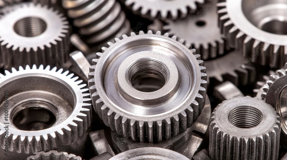 Close-up of various metal gears showcasing intricate design and engineering. Close-up of various metal gears showcasing intricate design and engineering.