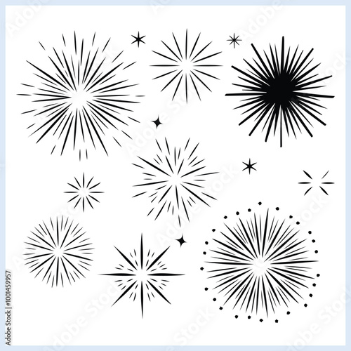 Fireworks silhouette, sparklers icon set, fireworks vector for new year, valentine's day, independent day, Christmas and other festival celebrations doodles