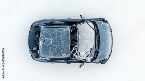 Overhead view of a car with a smashed roof and deployed airbags, isolated on a plain background. A clear representation of accident damage. photo