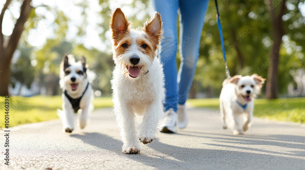 
Dog walker exercising dogs in the park, pet service