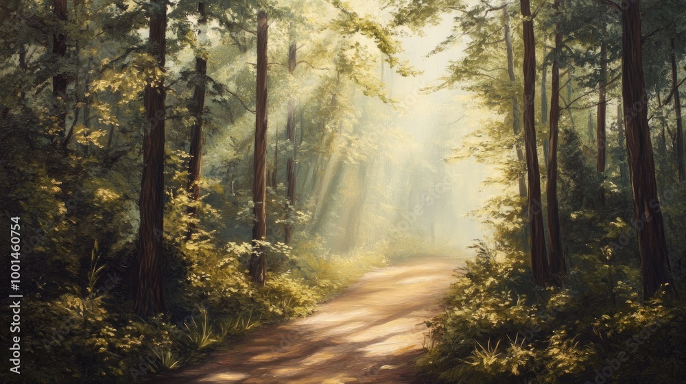 Painting of a dense forest with a winding path, sunlight filtering through the trees. Perfect for nature-inspired wallpaper or wall pictures. Painting of a dense forest with a winding path, sunlight filtering through the trees. Perfect for nature-inspired wallpaper or wall pictures.