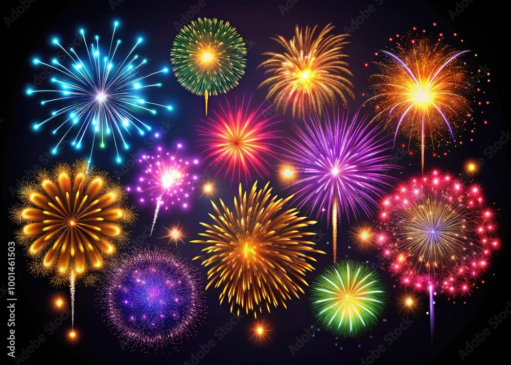 Fototapeta premium Colorful Firework Clipart for Celebrations, Events, and Festive Occasions, Bright and Vibrant Designs