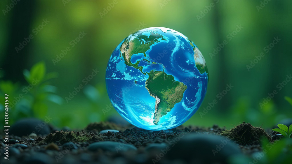 Blue glowing glass planet earth on green natural background, backlight, ecology concept Blue glowing glass planet earth on green natural background, backlight, ecology concept