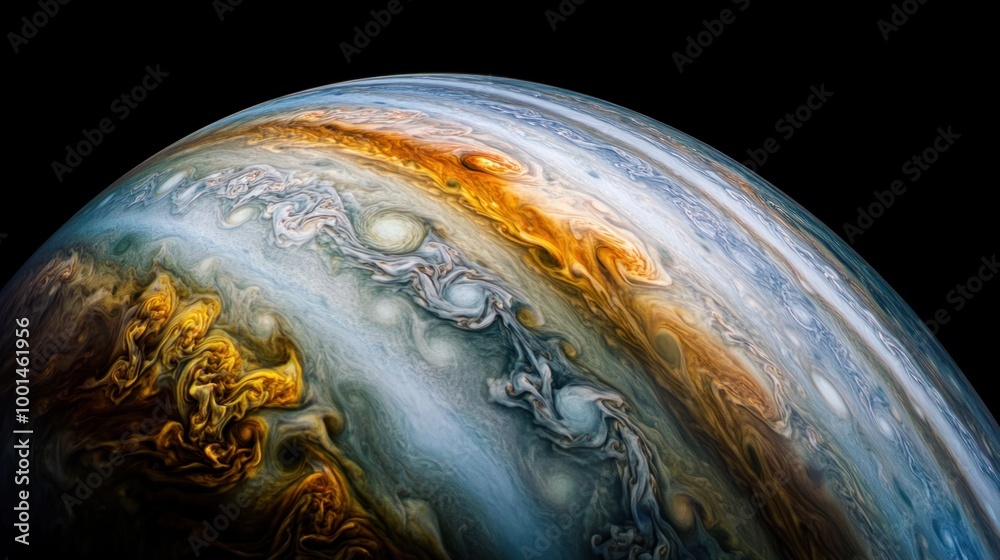 A close-up of Jupiter equator, showing the vibrant, swirling gas bands and complex weather systems moving across the planet A close-up of Jupiter equator, showing the vibrant, swirling gas bands and complex weather systems moving across the planet