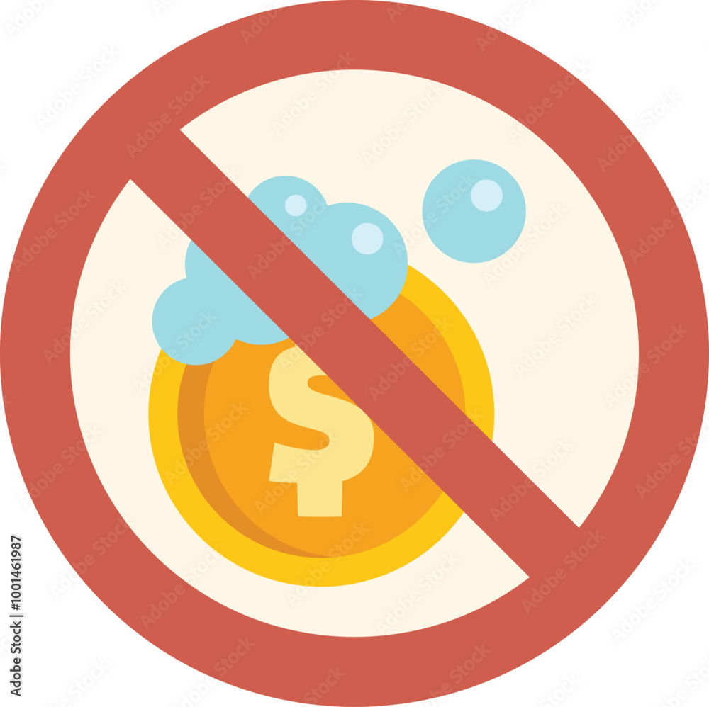 Red prohibition sign crossing out money laundering dollar coin with soap bubbles symbolizing illegal financial activities Red prohibition sign crossing out money laundering dollar coin with soap bubbles symbolizing illegal financial activities