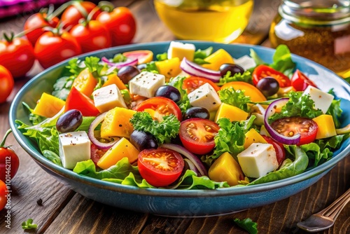 Colorful Fresh Salad with Cheese, Vegetables, and Dressing Perfect for Healthy Eating and Meals