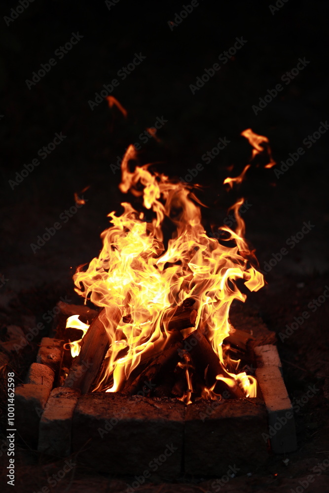 Obraz premium Fire from a campfire burning in the dark