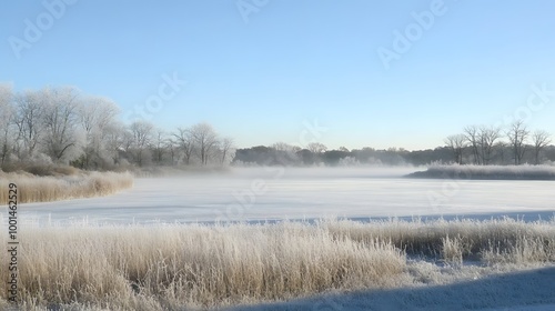 Frosty Winter Wonderland: Frozen Lake with Mist and Trees