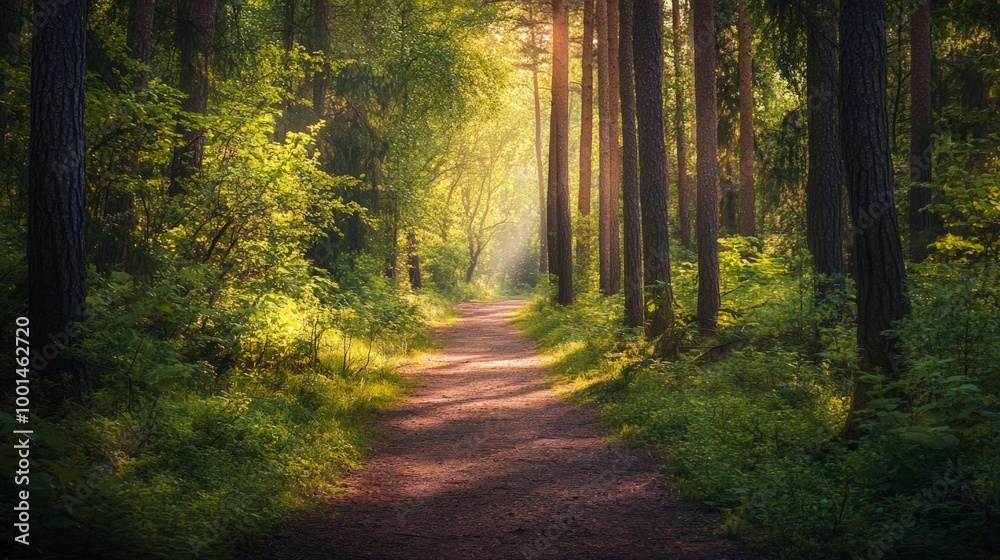 Fototapeta premium Serene forest pathway with tall trees, soft sunlight, and vibrant greenery on either side