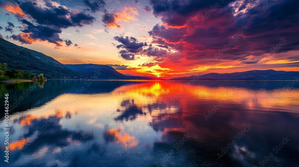 Stunning sunset over a calm lake with vibrant colors reflected on the water's surface Stunning sunset over a calm lake with vibrant colors reflected on the water's surface