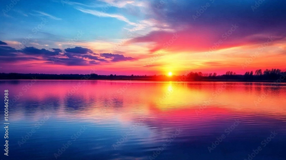 Fototapeta premium Stunning sunset over a calm lake with vibrant colors reflected on the water's surface