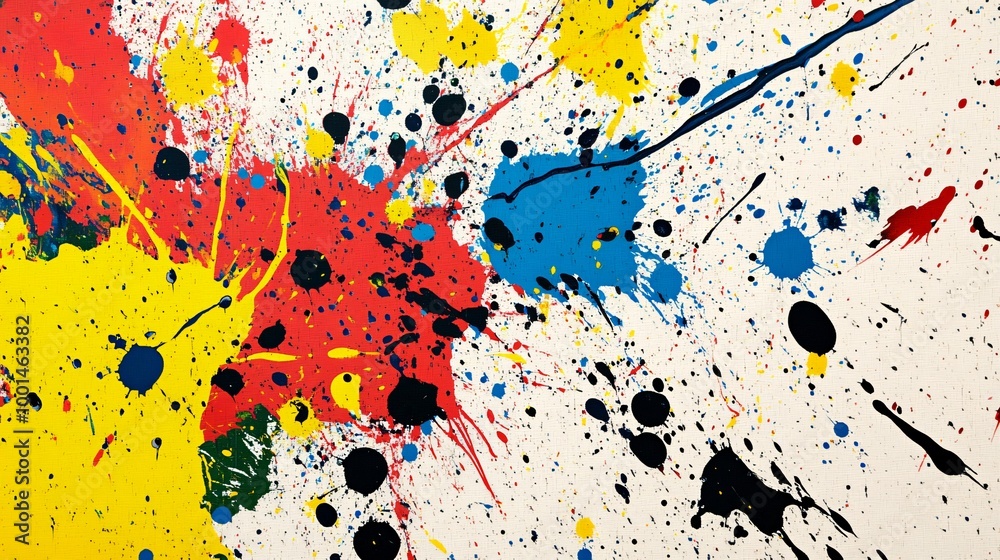 Abstract art with splashes of yellow, red, blue and black paint on a canvas background. Abstract art with splashes of yellow, red, blue and black paint on a canvas background.