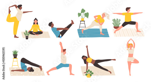 Vector illustration diverse individuals performing different yoga poses mats, symbolizing mindfulness, flexibility, healthy lifestyle. Personal trainer, workout class, healthy life wellness exercise