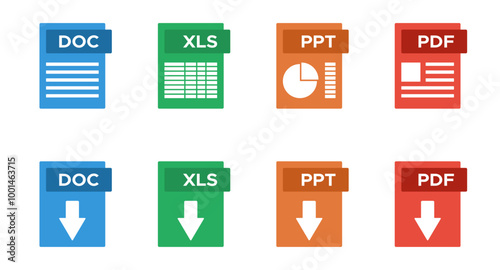 modern office electronic documents file formats DOC XLS PPT PDF, download symbol, colorful vector icons set