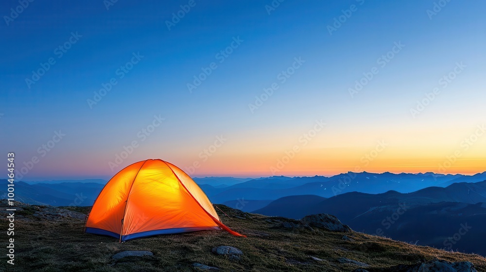 Mountain top camping with a view of distant valleys, sunset hues, peaceful vibe Mountain top camping with a view of distant valleys, sunset hues, peaceful vibe