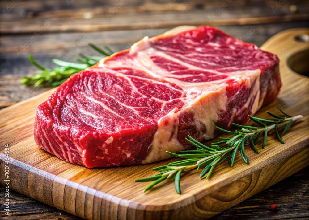 Close-up of a raw steak, marbled with rich fat, vibrant red color, detailed texture, and fresh cut on a wooden board Close-up of a raw steak, marbled with rich fat, vibrant red color, detailed texture, and fresh cut on a wooden board